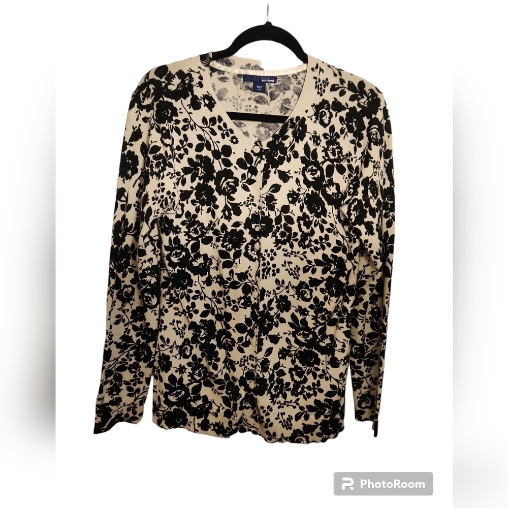 Basic Editions Black Floral Print Long Sleeve Cotton Button Front Sweater Size M